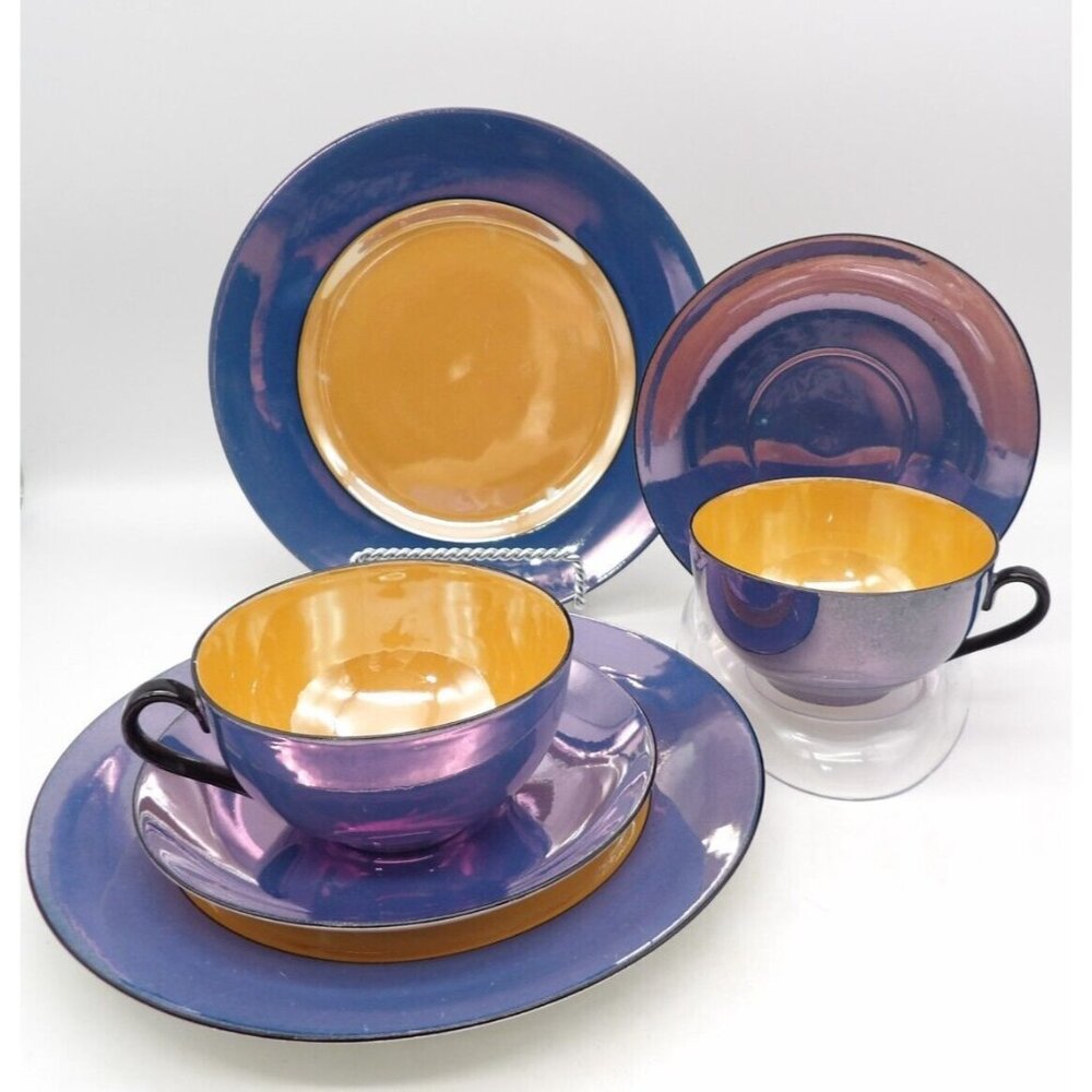 Vintage Phoenix China Setting for 2 Blue Orange Lusterware Plate Saucer Cup